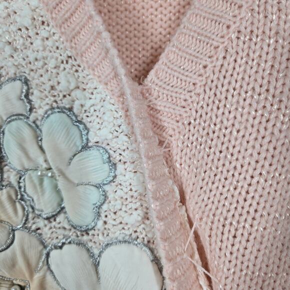 VTG Jaclyn Smith Sweater sz L Pink Embroidered Floral Pearl Embellished Feminine - Picture 7 of 16
